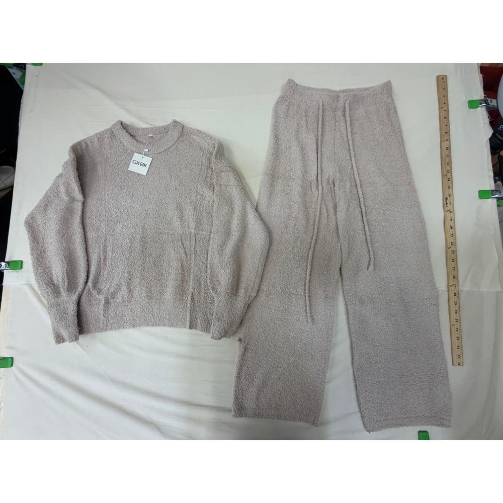 GKBK Womens 2 Piece Lounge Set Fuzzy Popcorn Knit Sweater Wide Leg Pants Tan S